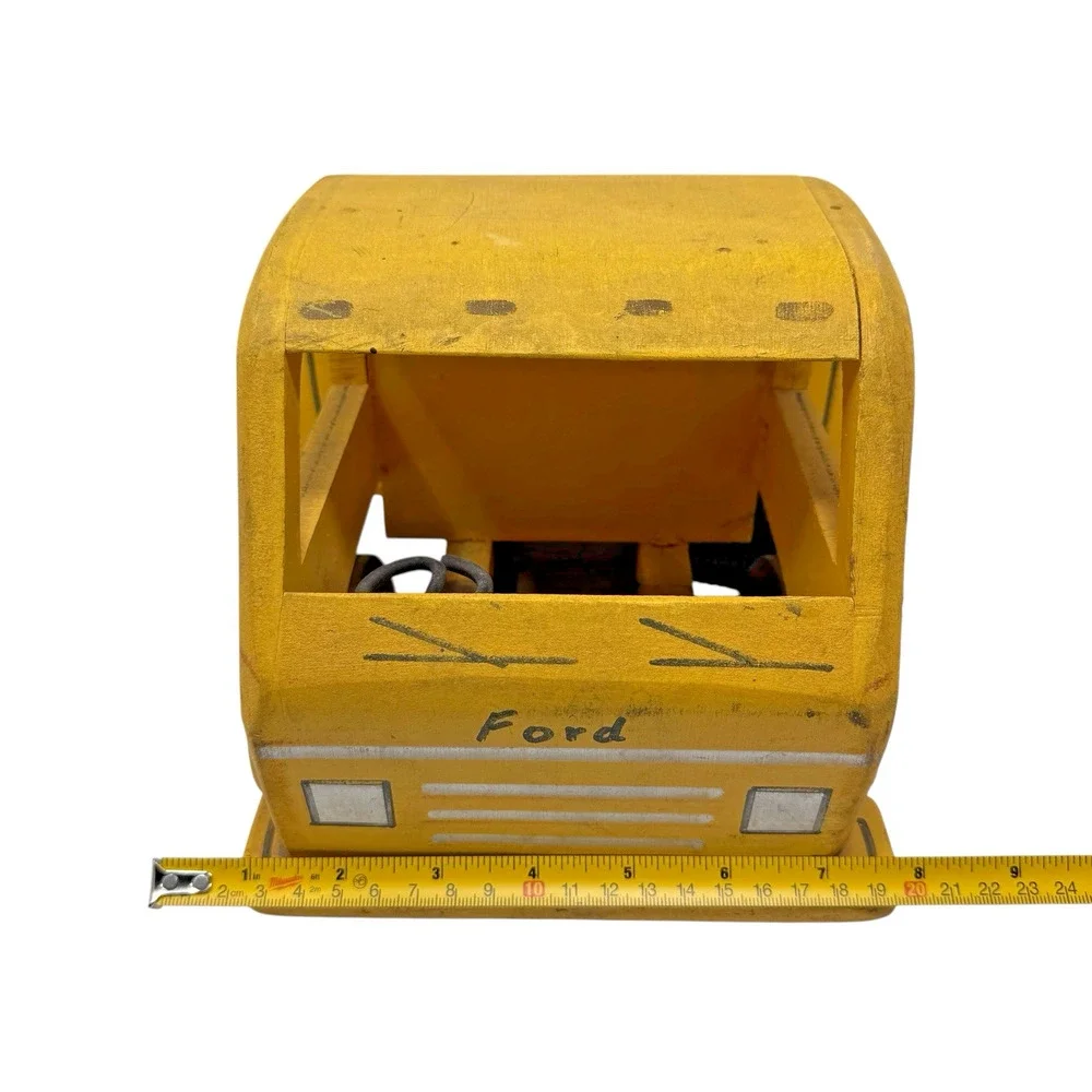 Vintage 1950s Handmade Wooden Ford No.9 Flatbed Toy Truck Yellow Missing Wheel